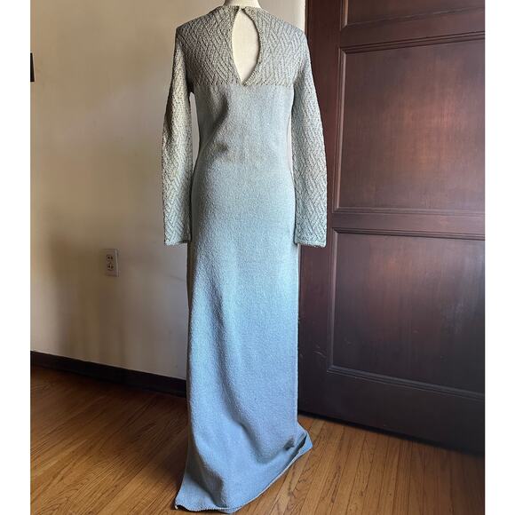 1960s VINTAGE | Unique Light Blue and Gold Knit Long Sleeve Gown | Aprox Small - Picture 2 of 8